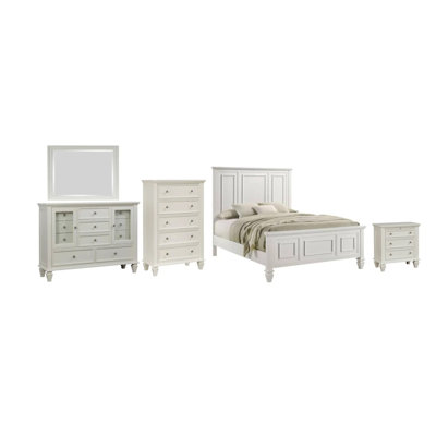 Ensemble de très grand lit 5 pièces Lila, tête de lit en bois blanc, commode et commode