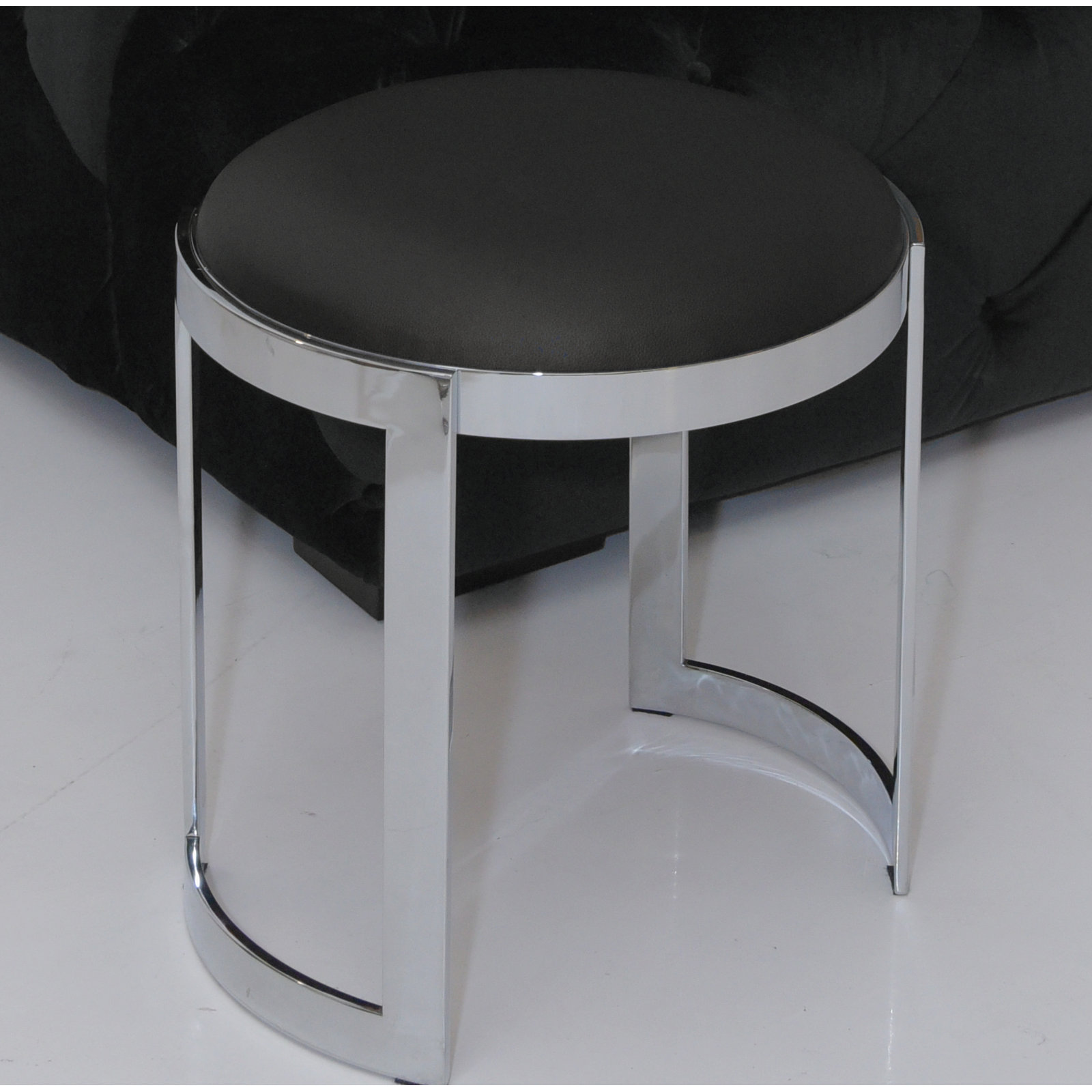 Nouri Accent Stool, Black Faux Leather, Silver 