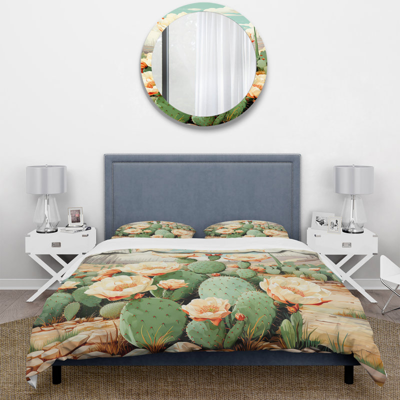 Ensemble de housse de couette Coral Green Cactus Desert Blooms Pointillism IV - Cactus