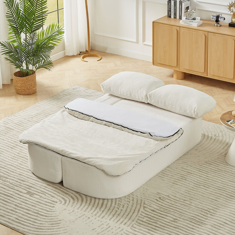 Convertible 2-in-1 Sleeper Sofa Bed - Folding Futon Floor Foam Compression Couch With Silk Wool Cushion Blanket, Cream