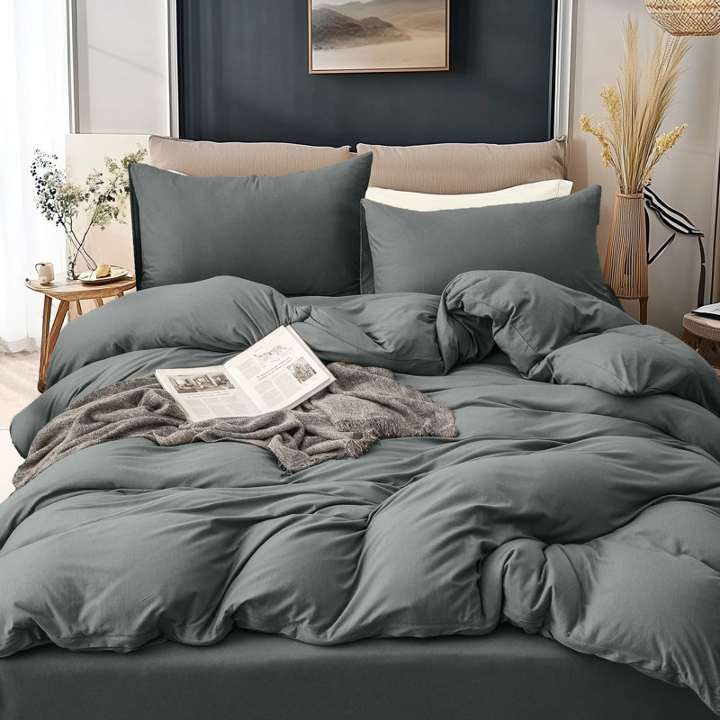 HOME BEDDING Jersey Cotton Duvet Cover Set, Queen Duvet Cover + 2 Standard Shams, Greenish Gray