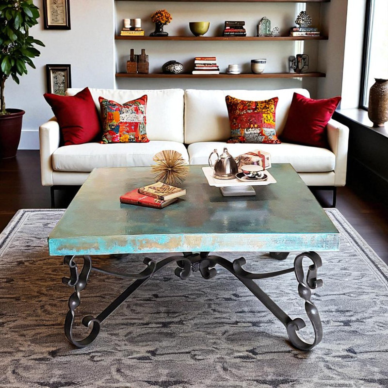 Oxidized Copper Coffee Table: Hand-forged Wrought Iron Base, 48" Square