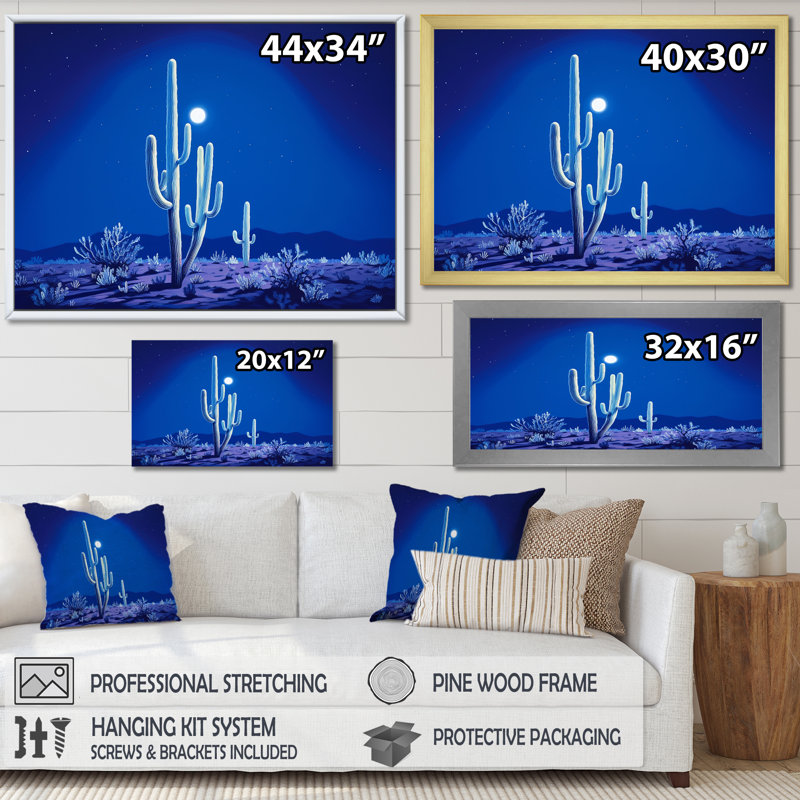 Cactus saphir solitude - impression d'art mural cactus, Cadre simple noir, H 30 po x l 40 po x P 1,5 po