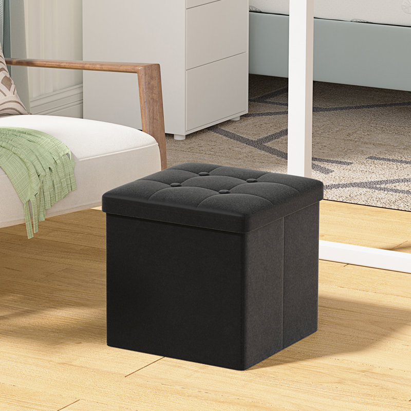 Tufted Square No Pattern Footstool Ottoman with Storage, Velvet, Black