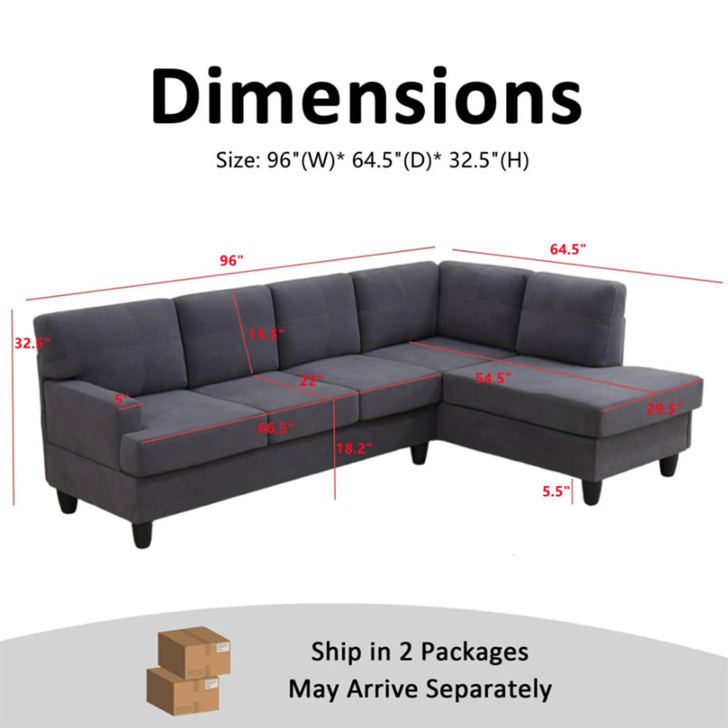 2-Piece Breathable Fluffy Fabric Sectional Sofa, Dark Gray