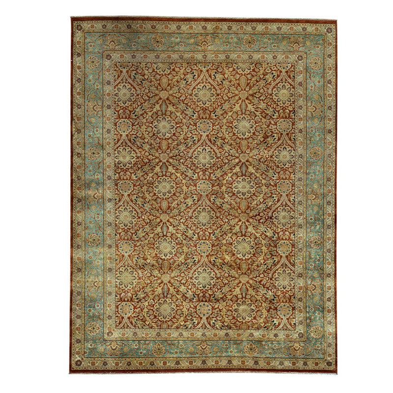Tapis unique bleu clair / rouille / ivoire noué à la main 9 pi 1 po x 12 pi