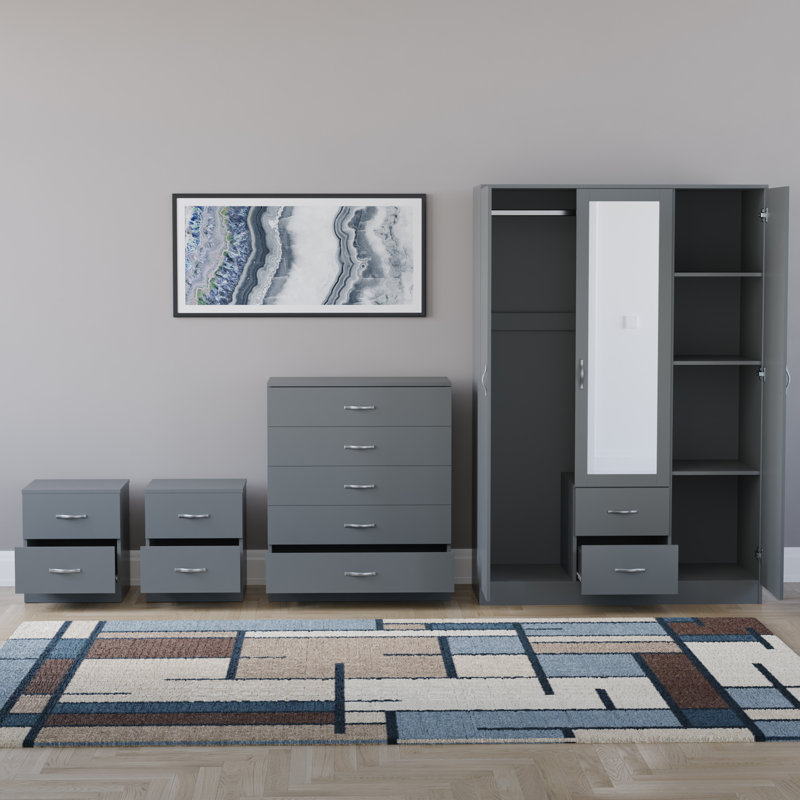Tayce 4 Piece Bedroom Set (2 Drawer Bedside Chest X2, 5 Drawer Chest, 3 Door 2 Drawer Mirrored Wardrobe), Grey