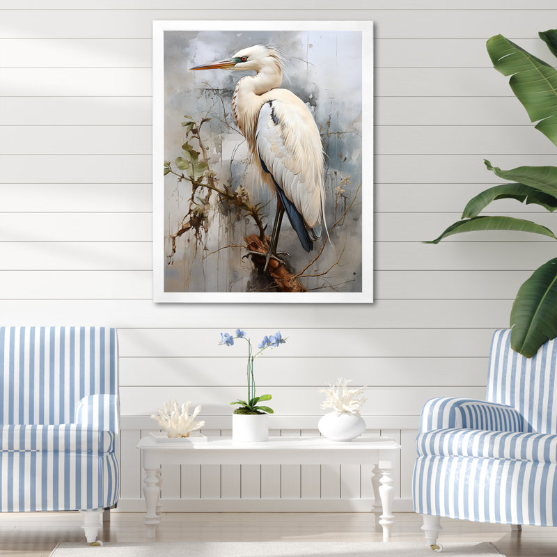Décoration murale majestueuse héron bleu - héron, Cadre simple blanc, H 32 po x l 24 po x P 1 po