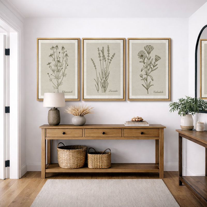 Minimal Botanical "Green Wildflower Modern Artwork, Simple Minimalist Floral Wall Pictures, Framed Canvas Giclée Print 3 Pieces Wall Art" 16"x24"x3 pcs, 24"x36"x3 pcs