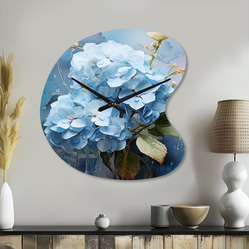 Blue Hydrangea Subtle Serenade - Hydrangea Asymmetrical Metal Wall Clock, Blue Irregular Shape Wall Clock Print, Large