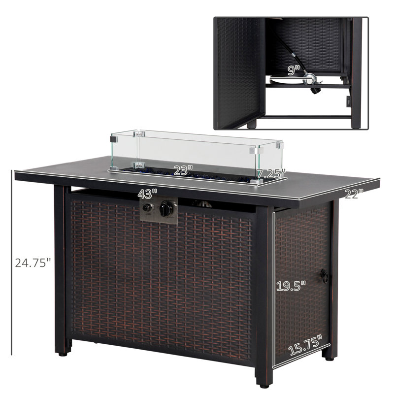 Table de foyer d'extérieur au propane en acier H 24,75 po x l 43 po