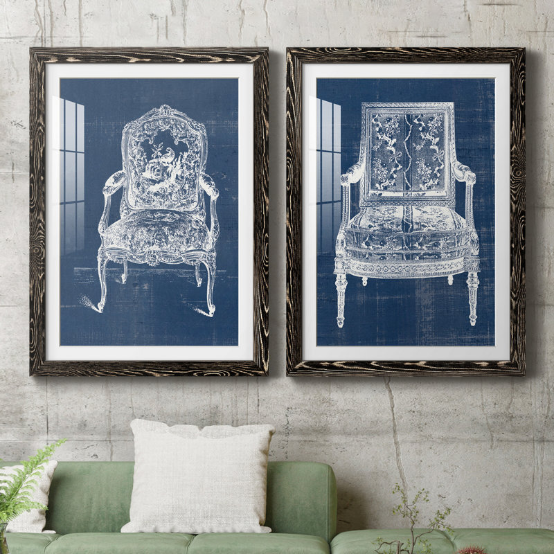 Antique Chair Blueprint V - ensemble de 2 impressions encadrées, H 31,5 po x l 43,5 po x P 1 po, Papier encadré noir, Blanc