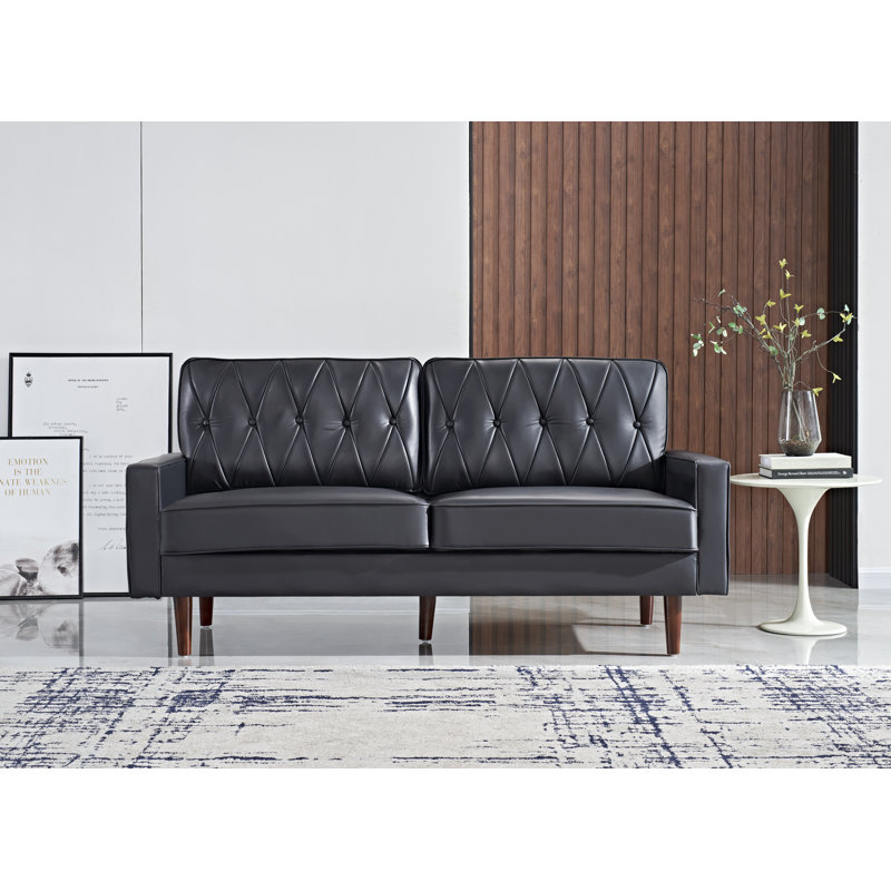 Faux Leather Square Arm Loveseat, Black Faux Leather, 33" H x 57" W x 31" D