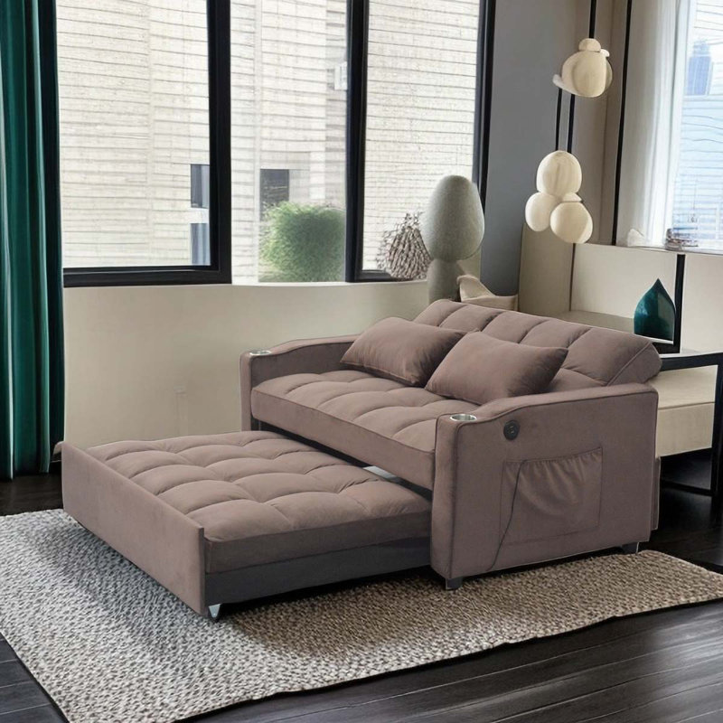 Eiri 55'' Wide Convertible Velvet Sleeper Square Arm Sofa Bed with Reclining Backrest and 2 Throw Pillows, Brown