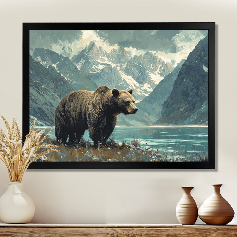Bear In The Mountain Valley III - Bear Canvas Wall Art, Single Picture Framed, Black, 12" H x 20" W