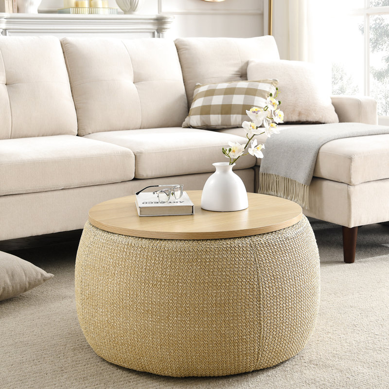 Rangement rond naturel - 2 en 1, table de bout et siège fusionnés, fait à la main avec un revêtement en plastique, 25,5 po x 25,5 po x 14,5 po, 23 lb, capacité de 250 lb, entièrement assemblé 1 tour, couleur, peut être utilisé comme 25,5 x 25. 5 x 14,5