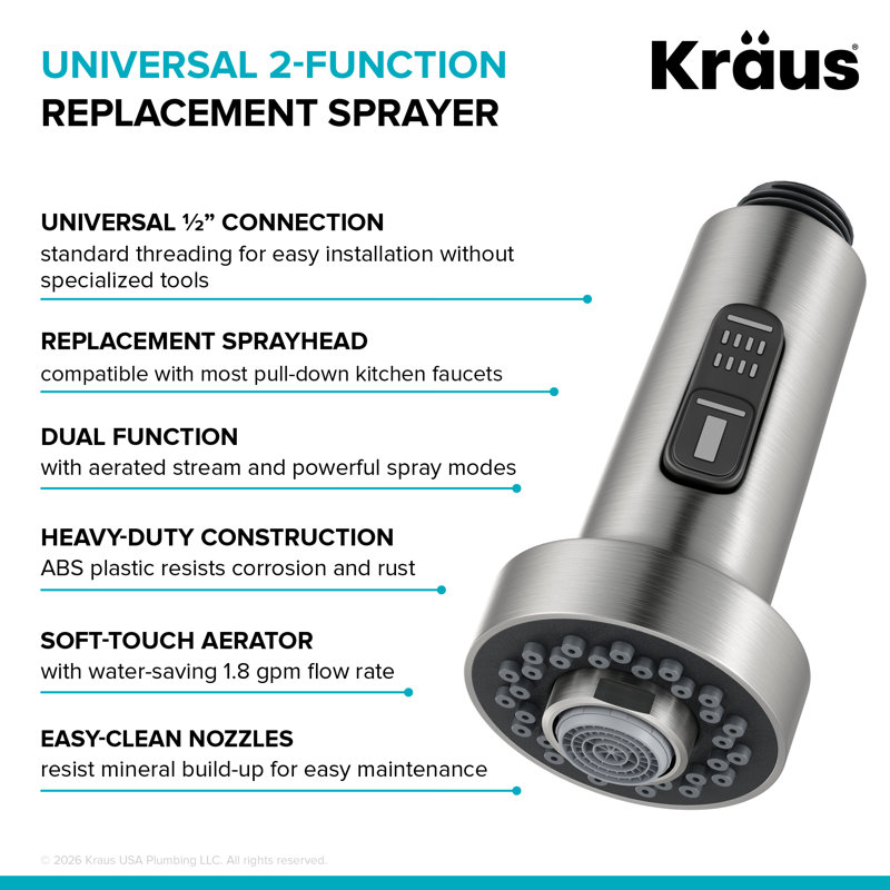 KRAUS Universal 2-Function Replacement Sprayer for Pull Down Kitchen Faucet in Spot-Free Stainless Steel, Stainless Steel