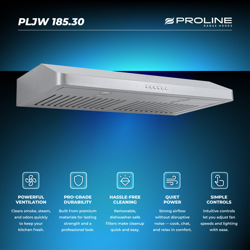 Hotte de cuisine PROLINE de 30 pouces, sous conduit, 600 CFM, acier inoxydable, lumières DEL, moteur de soufflage ULTRA-SILENCIEUX, 4 vitesses, garantie de 3 ans