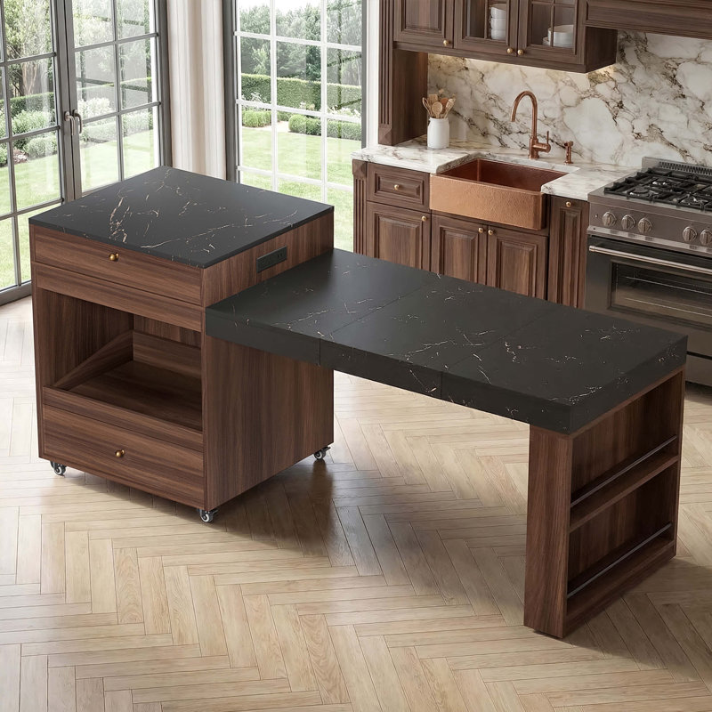 Îlot de cuisine 78,8 po avec table de salle à manger extensible à 3 niveaux, Noyer