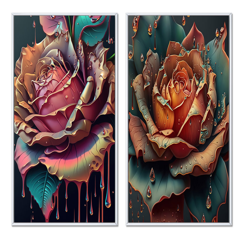 «Modern Blooming Rose», 2 pièces sur toile, Cadre blanc, H 32 po x l 32 po