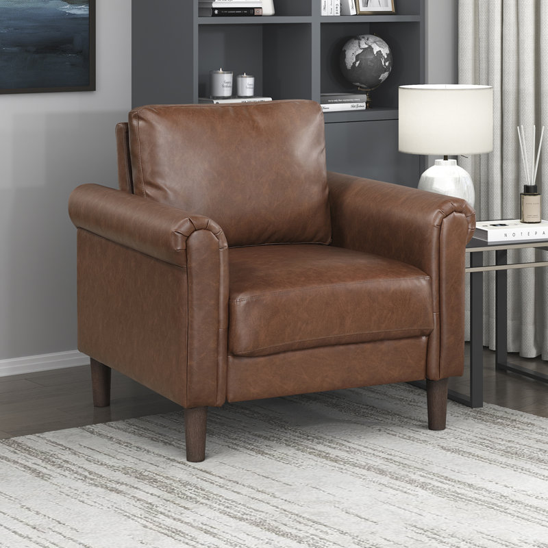 Kulik 35" Modern & Contemporary Faux Leather Armchair with Modern Rolled Arm Silhouette, Chocolate