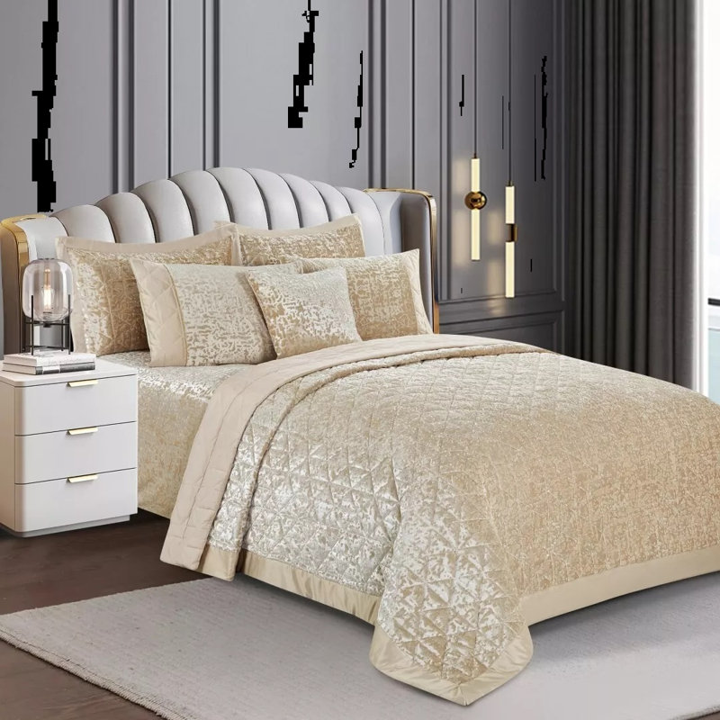 Velvet Bedspread with Pillow Shams, Double Bedspread+ 2 Standard Shams, Beige