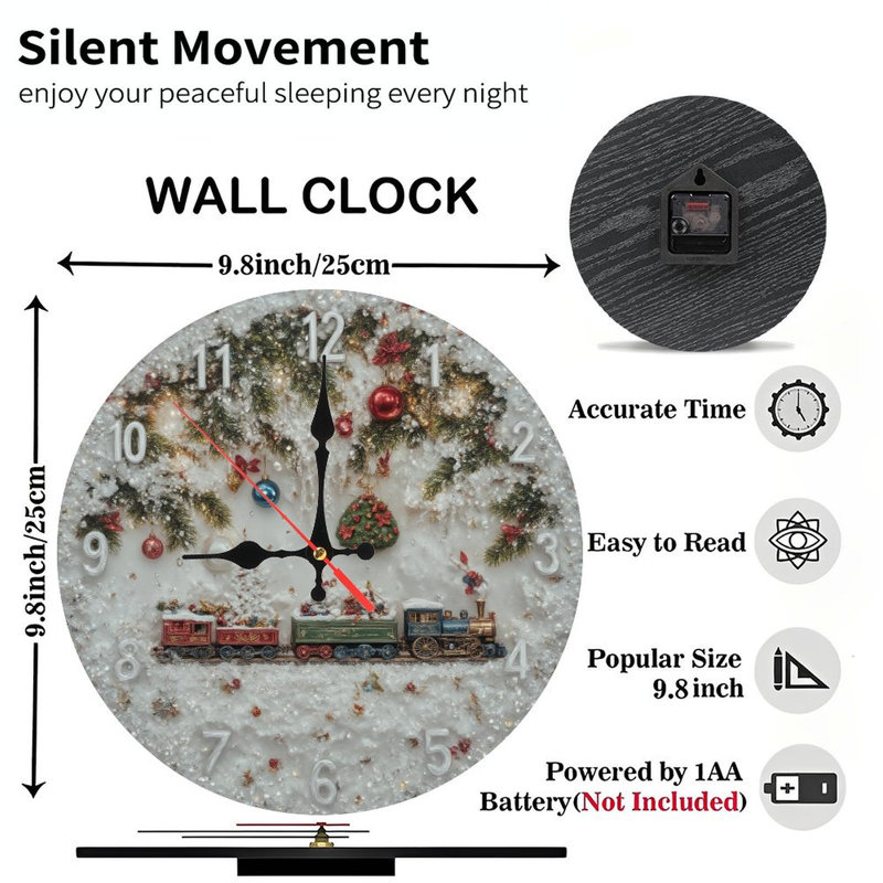 Horloge de Noël-Face-avec-train-et-neige