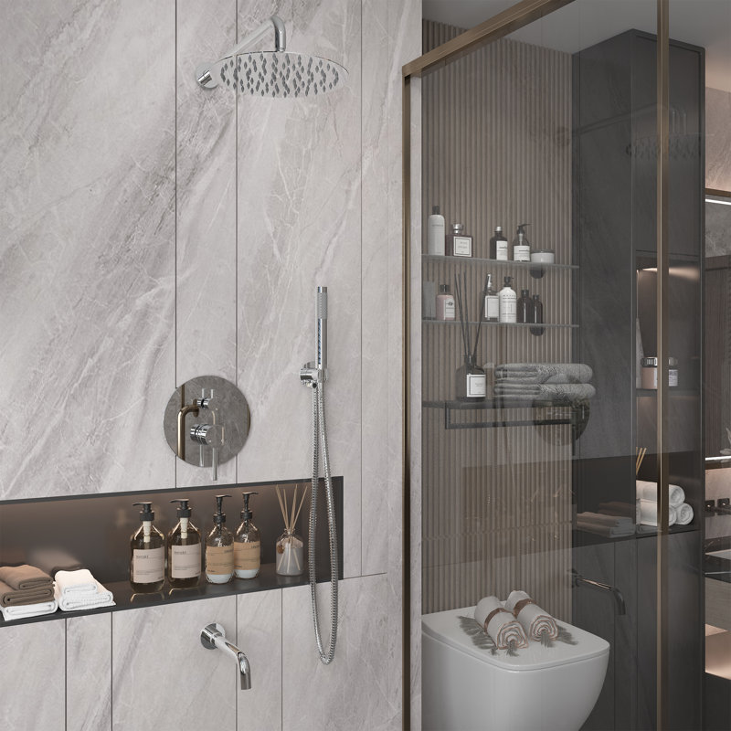 Luxury Wall-Mounted 3-Function Shower System Solid Brass Mixer Valve, 1.8 GPM Flow & Dual Showerheads with Rough-in Valve