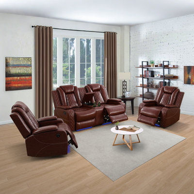 3-Pieces Breathable Leather Power Reclining Living Room Set USB Charging & Storage & Cupholders
