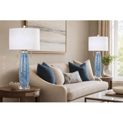 Azure Drift Table Lamp - Blue Art Glass & Clear Crystal - Set of 2