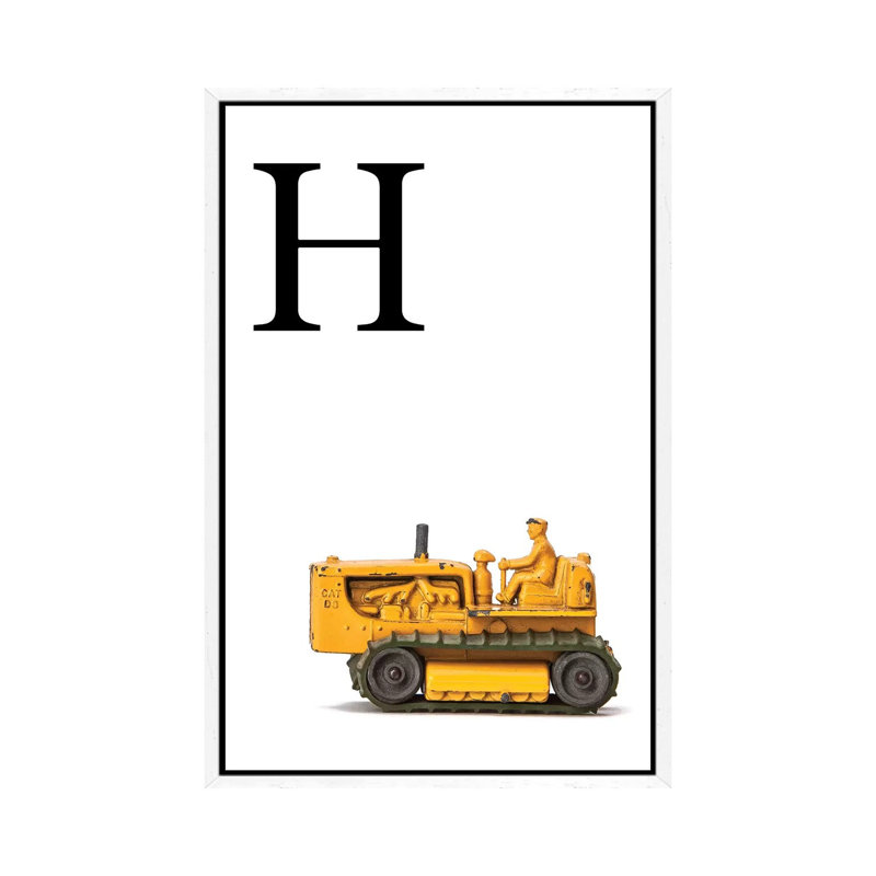 H Bulldozer Yellow White Letter - Print on Canvas, 66.04 cm H x 45.72 cm W, White Framed