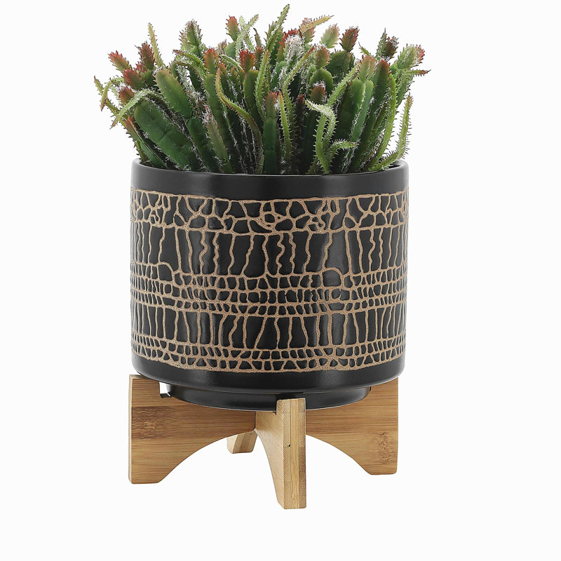 S/2 5/8" GLAZED PLANTER W/ STAND, BLACK