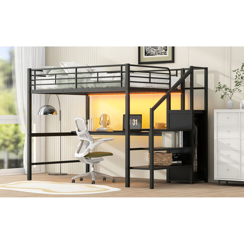 Black Full - Size Metal Loft Bed With Desk, Storage Staircase, Small Wardrobe And 7 Color Led, Space Saving Comfortable Featuring Efficient Functional
