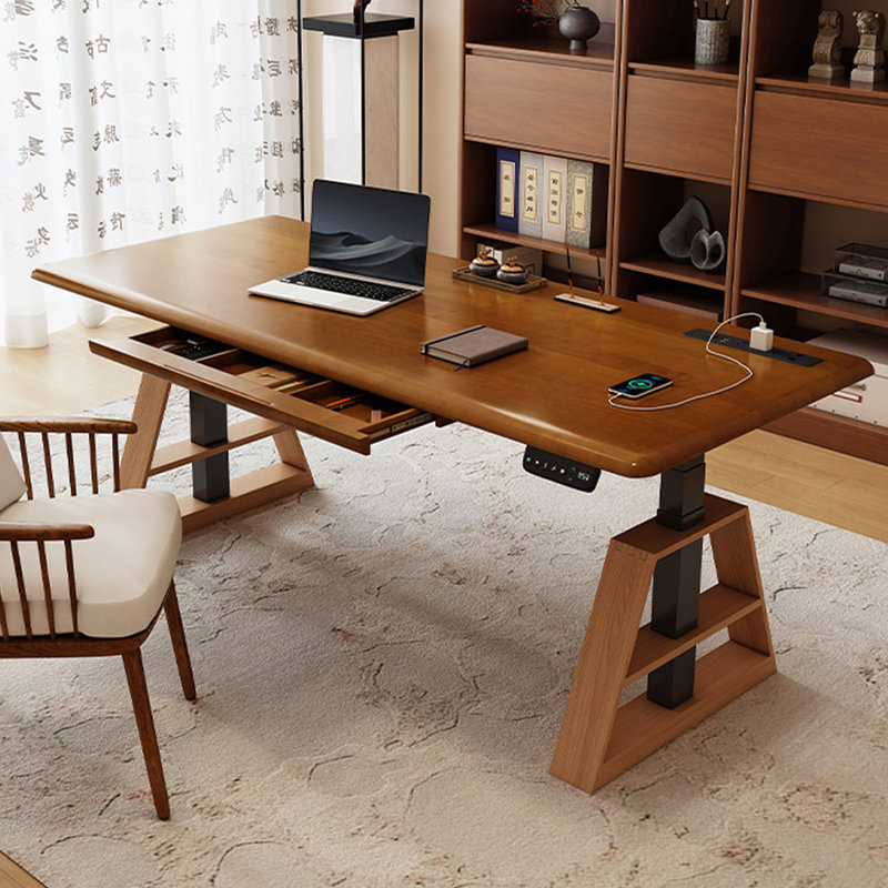 Nut-brown + Black Rectangular Hight adjustable Solid Wood + Steel with 1 drawers desk, 49.21" H x 62.99" W x 27.56" D