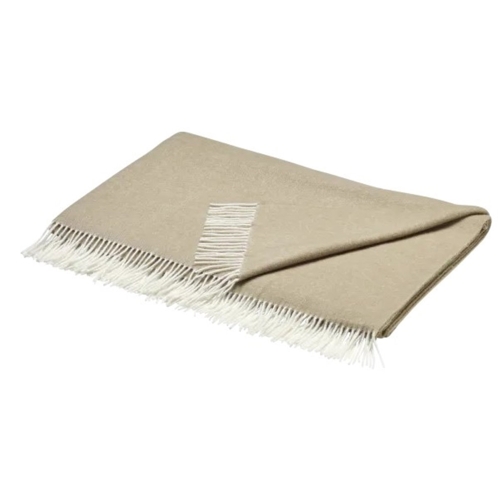 FINHO Merino Wool Herringbone Throw Blanket, Tan