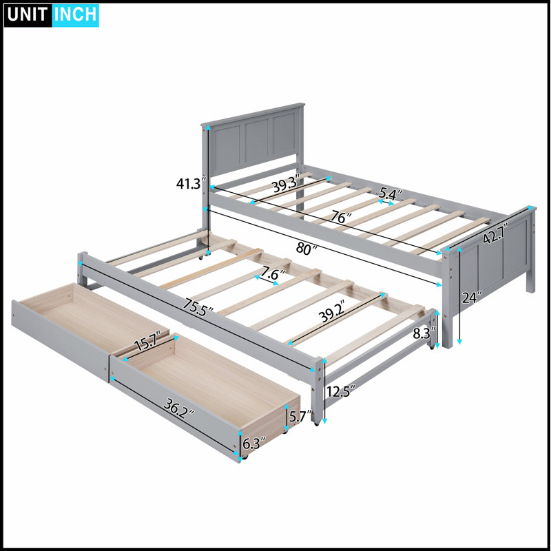 Lit plateforme élégant et fonctionnel avec lit gigogne et tiroirs pour un rangement amélioré et un espace pour les invités