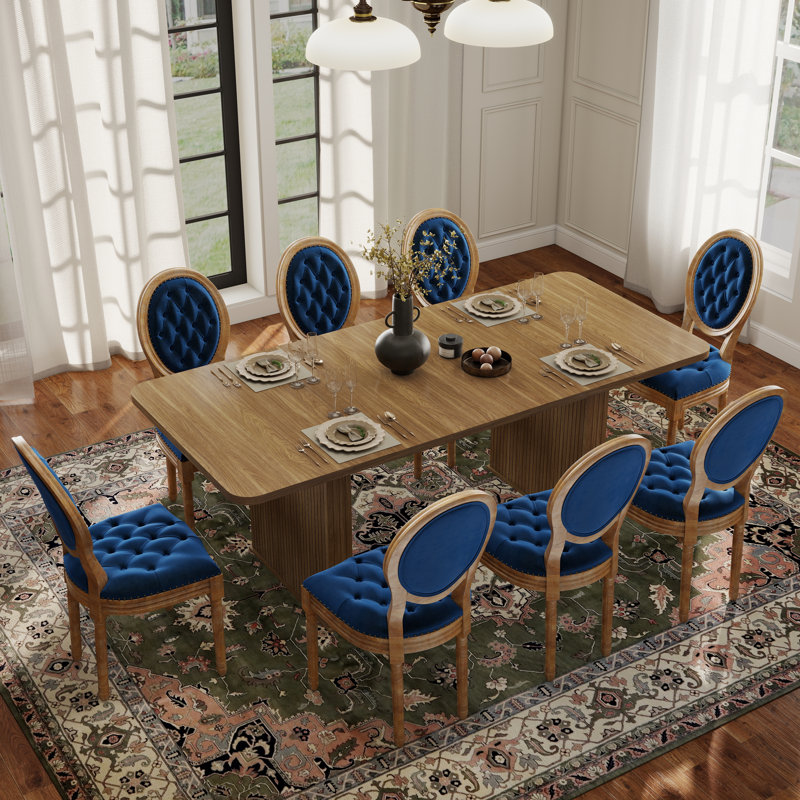 Mid-century Wood Rectangular Pedestal Dining Set with French Dininig Chair, Blue, 9 Pieces: Table, 8 Chairs