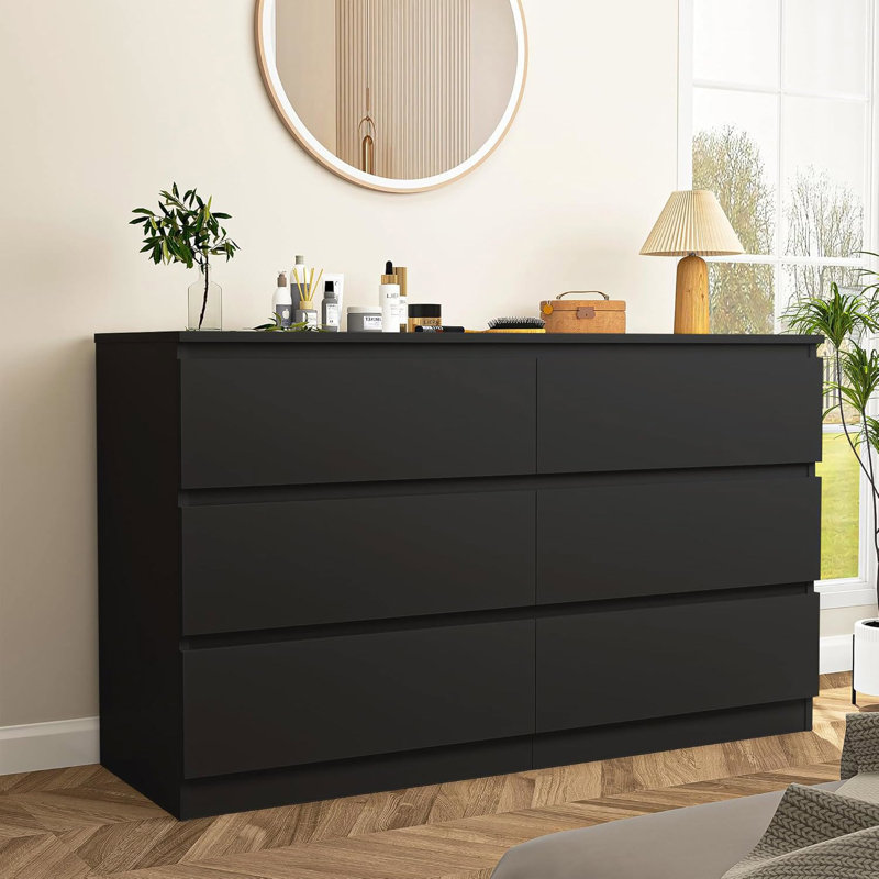 Commode de rangement moderne moderne à 6 tiroirs pour commode double, Noir mat