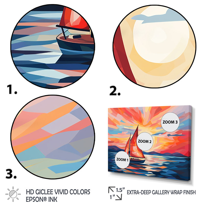 Coucher de soleil sur un bateau à voile II - bateau à voile, art mural, H 24 po x l 32 po x P 1 po, Cadre flottant blanc