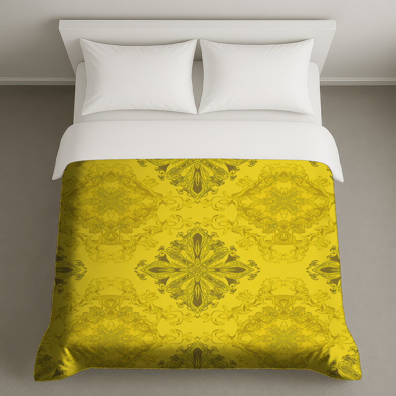 Housses de couette damassées jaunes ornées, Queen