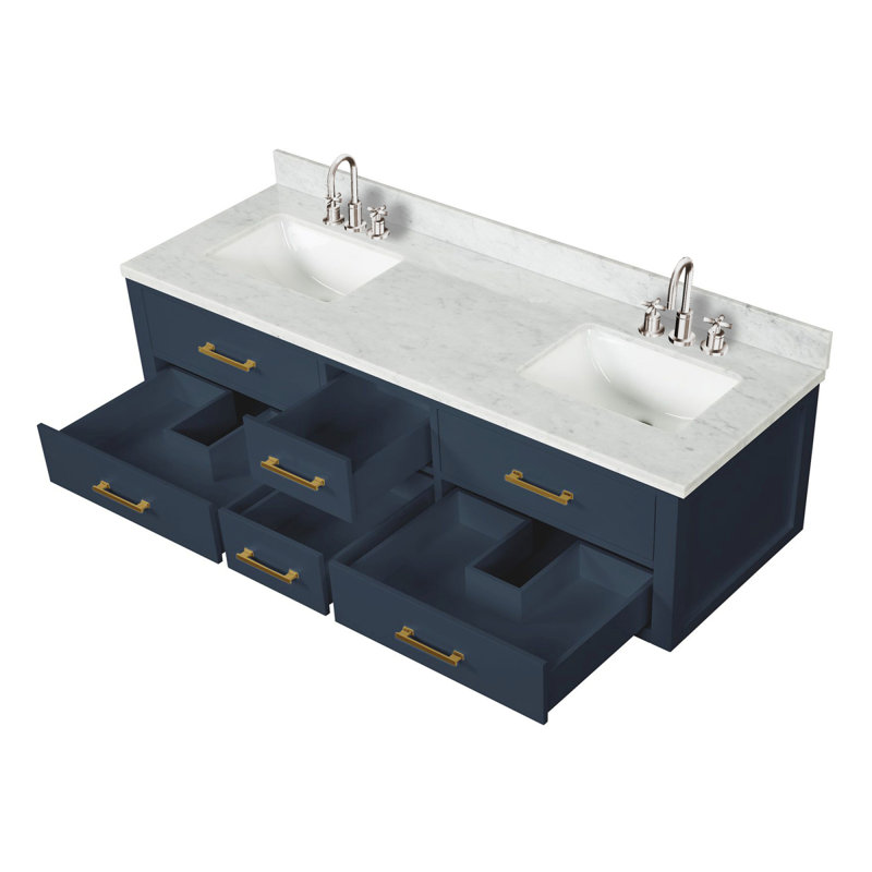 Ensemble de meuble-lavabo double bleu l 72 po x P 22 po, plateau en marbre de Carrare et robinet
