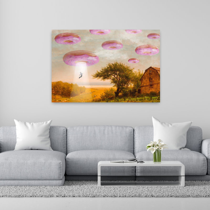 «Donut Invasion», art mural rétro surréel, paysage naturel, H 40 po x l 60 po