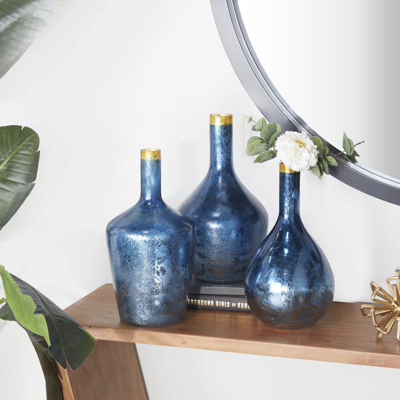 Ensemble de 3 vases de table en verre bleu / or Monique Monique