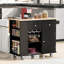 Îlot de cuisine avec prise de courant, îlot de rangement avec abattant et bois d'hévéa, rangement ouvert et support à vin, 5 roulettes, avec rangement réglable pour la maison, la cuisine et la salle à manger, noir