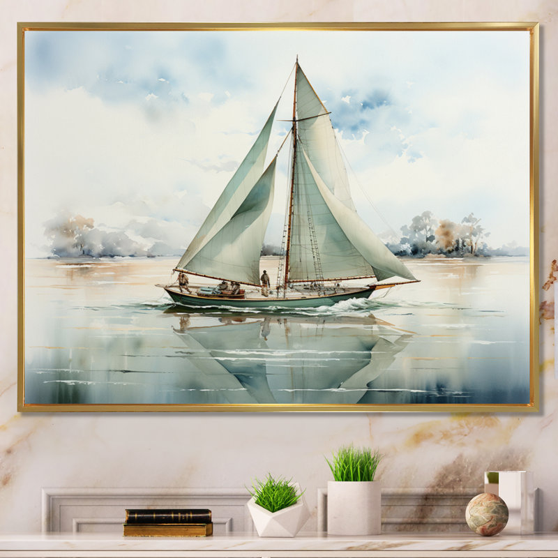 Mininmalisme voilier solitude II - décoration murale nautique et plage, H 24 po x l 32 po x P 1 po, Cadre flottant doré