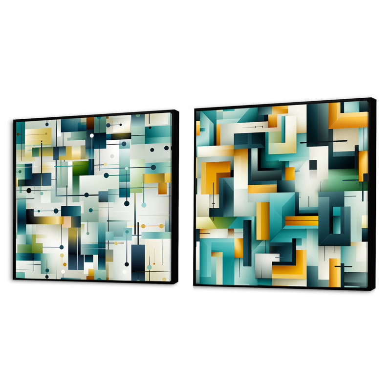 Chonda - Ensemble de 2 collages de formes carrées abstraites, Cadre flottant noir, H 30 po x l 61 po
