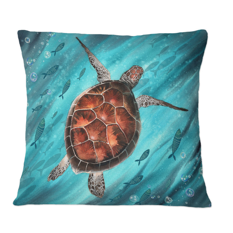 Tortue de mer colorée nageant I - Coussin décoratif imprimé nautique et côtier, 16 po x 16 po