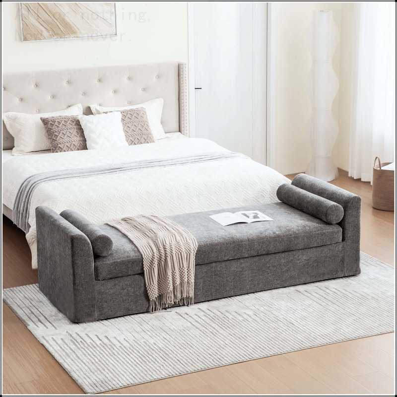 Banc moderne de 90,55 po de largeur, banc de côté avec accoudoirs, méridienne en chenille et 2 traversins, Gris