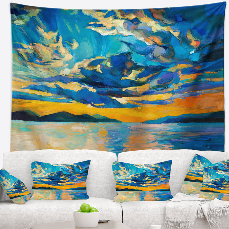 Coucher de soleil orange avec tapisserie bleu ciel, H 32 po x l 39 po