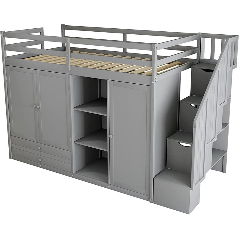 Gaspare Kids Twin Bunk Bed with Drawers, Gray